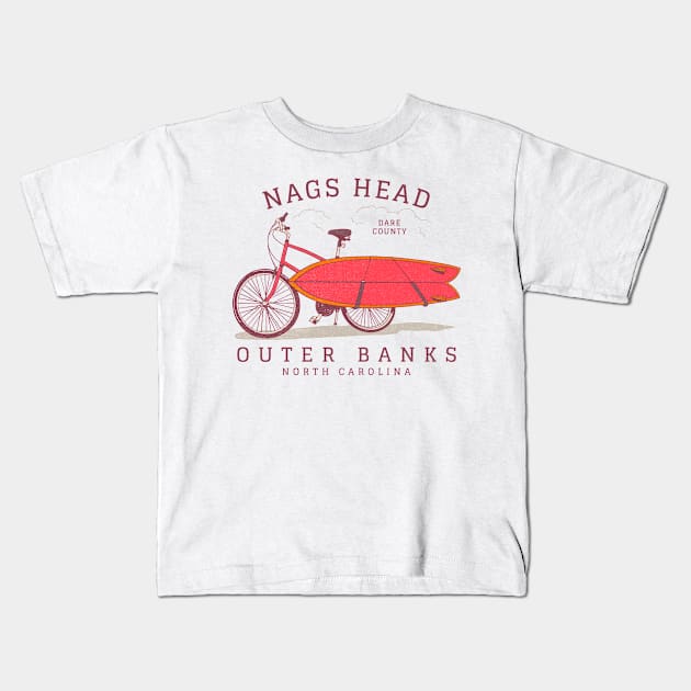 Nags Head, NC Summer Vacation Bike and Surfboard Kids T-Shirt by Contentarama